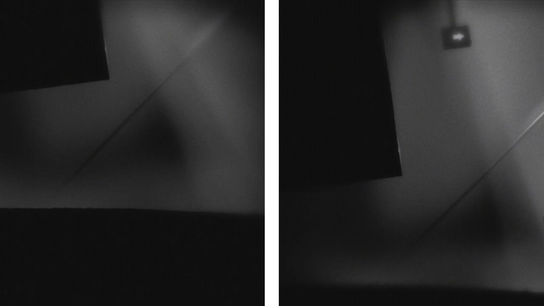 Jump off to the right around before gravity changes (left). Hit the gravity switch on the way back down to launch through the glass at the bottom of the room (right).