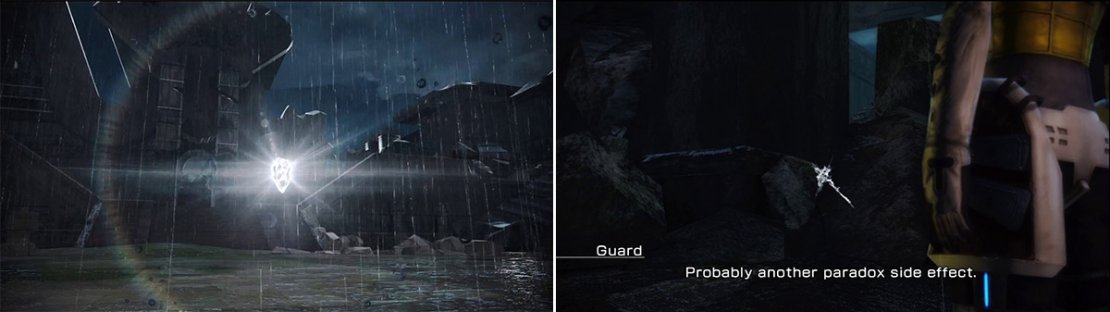 Gotta catch &lsquo;em all (left). An example of a concealed item. Look around areas for these mirages and keep an eye on Mog&rsquo;s reactions when you approach a new area (right).