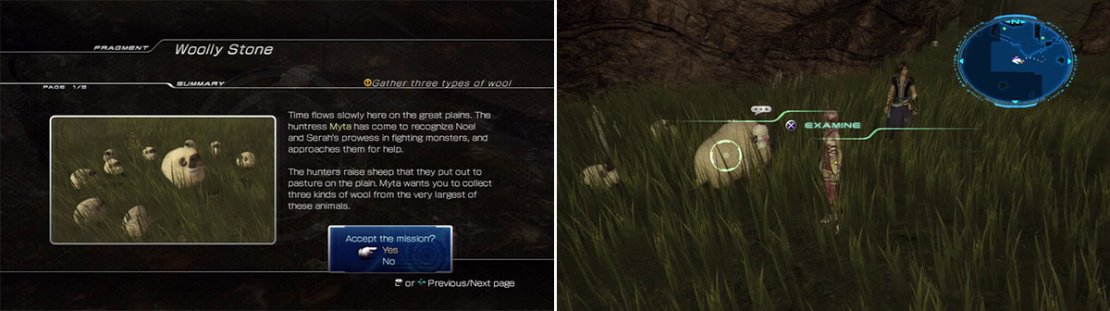 Woolly Stone fragment quest (left). One of three sheep you need to examine for the quest item (right).