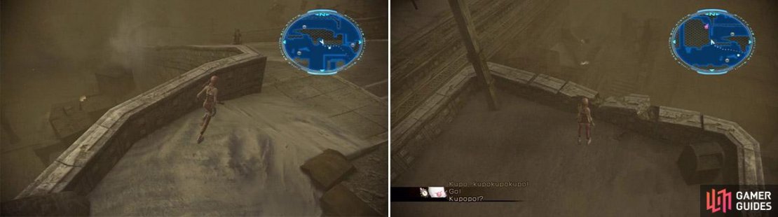 Location of the &lsquo;How Things Were&rsquo; Gate Seal (look at the top of the boxes on the left) (left). Location of &lsquo;Flight&rsquo; Gate Seal (near moogle&rsquo;s location) (right).