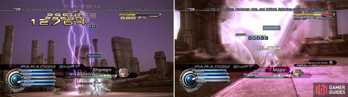 Thundara is an awesome skill when your opponent is in the Stagger state. It deals extra damage and as you can see, the numbers are prodigious (left). Always switch to Knight and use Immortality to deflect the strongest attacks (right).