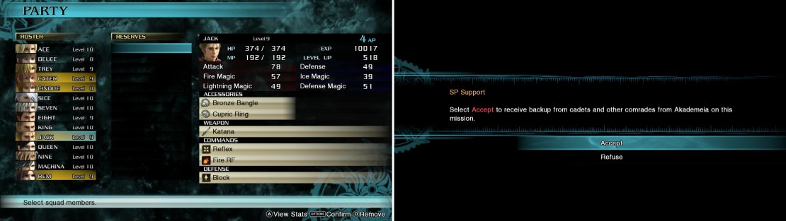 The characters highlighted in gold are Primed (left) and will get a boost for participating in the mission. SP Support (right) should really be kept to replays of Missions where you can farm to your heart&rsquo;s content.