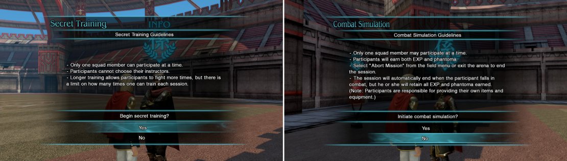 The Arena is very useful for training your squad when you aren&rsquo;t playing via Secret Training (left) or for farming Phantoma and testing skills in Combat Simulation (right).