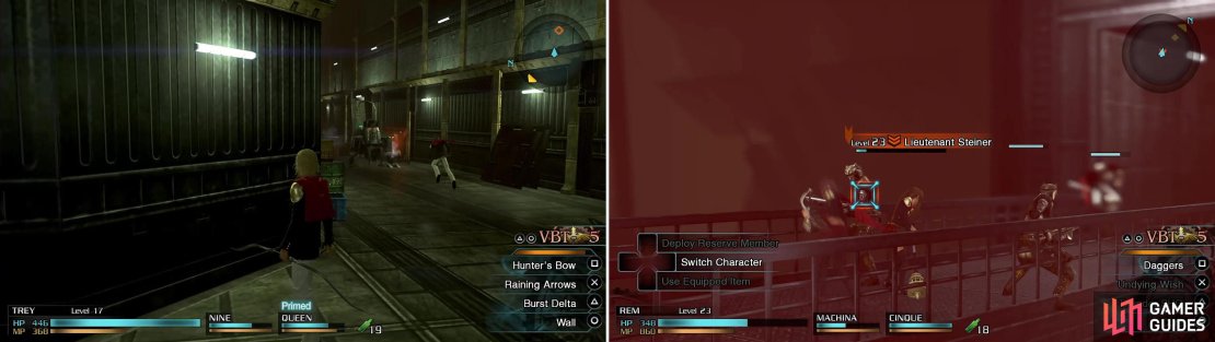 You stand here to avoid the fire (left). After the door is opened, whittle down Steiner&rsquo;s (recognise the name?) HP then accept the SO (right).