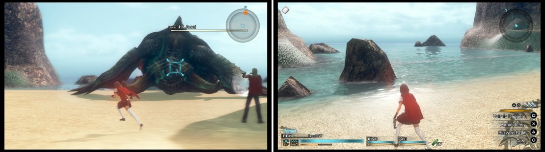 It will be hard to outdamage Josai&rsquo;s regen, unless you&rsquo;re very strong (left). Wait for Moglin&rsquo;s order and run around on the water&rsquo;s edge (right) to be transported to the next area.