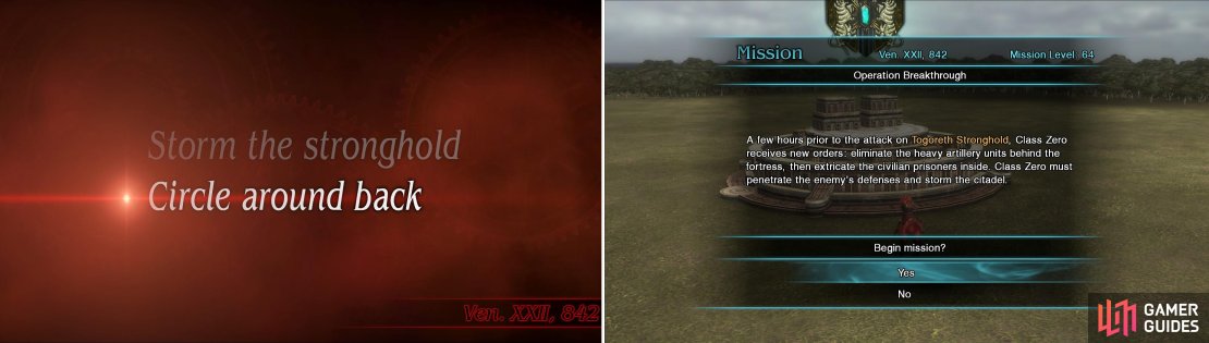 Select &ldquo;Circle around Back&rdquo; to get the option to begin this mission (left).