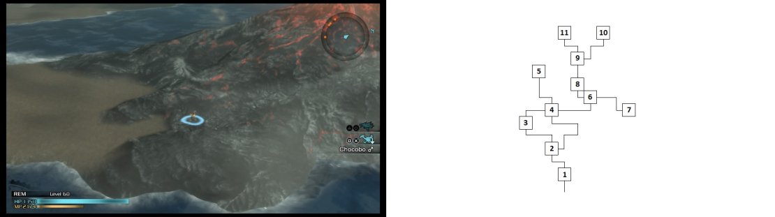 You will need to follow the path that leads around the volcano (left) to reach the entrance to this dungeon. The map of the dungeon itself is provided (right).