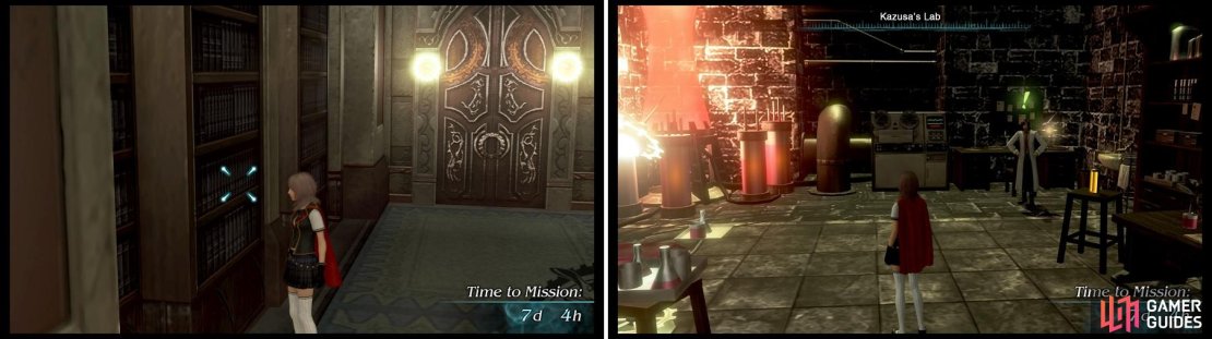 Kazusa&rsquo;s Lab (once you meet him for the first time) can be found behind a bookcase in the Crystarium (left), but he&rsquo;s only there when there&rsquo;s less than six hours on any given day (right).