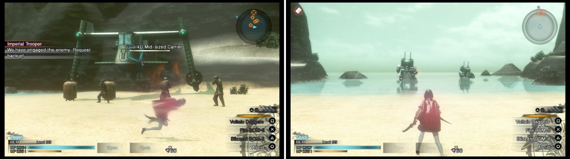 If you want to S-Rank this mission, you&rsquo;ll need to destroy the Carrier (left) and harvest its Phantoma. The enemies coming out of the water are just normal Colossi, despite having a different name (right).