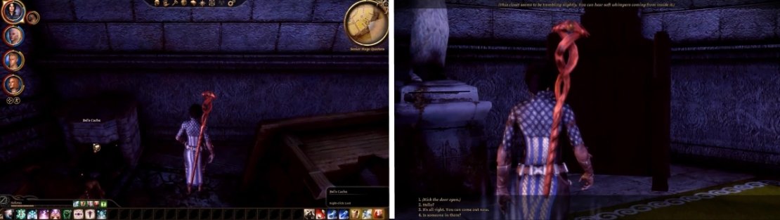 You can find Bel&rsquo;s Cache in this chest (left). Godwin is found in the closet here after you clear out the demons.