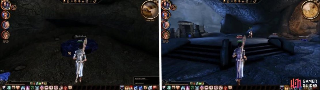 Find the Warrior&rsquo;s Grave at the end of this path. Approach Ruck and he will run off down a side path with spiders.