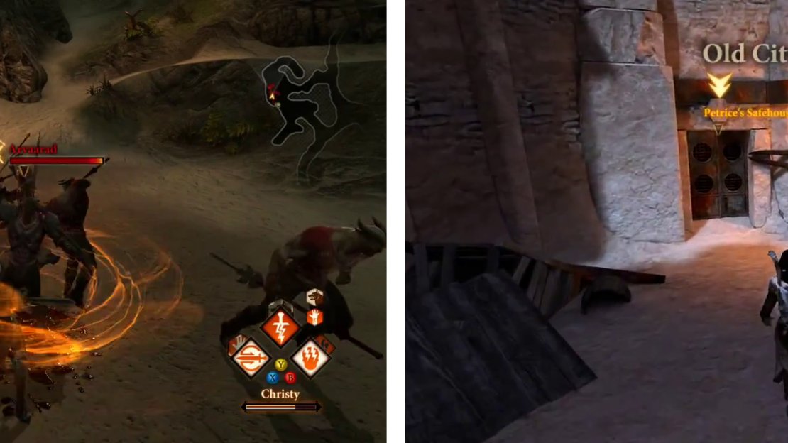 After the encounter with the Saarebas (left), return to Petrice to end the quest (right).