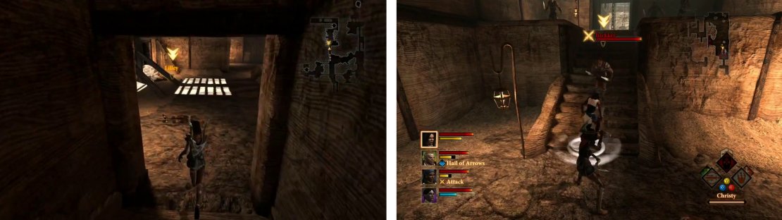 After finding Lilley (left), enter Brekker&rsquo;s Hideout and kill Brekker at the end (right).
