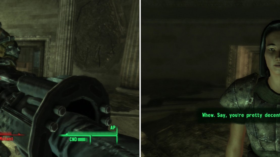 Help Sydney defend the rotunda from the Super Mutant onslaught (left), then discuss how the two of you will go about looting the National Archives building (right).