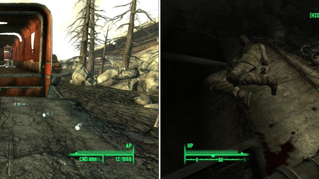 This accident might have been a nuisance when it occured, but today it provides us with a treasure trove of Nuka-Cola goodness (left). Explore the sewers under Old Olney to find the corpse of a Brotherhood of Steel Initiate wearing some unique Power Armor (right).