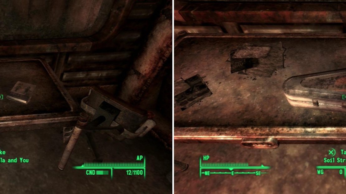 This copy of Nikola Tesla and You is one of the treasures you can find in the flooded ruins of Vault 92 (left), but the Soil Stradivarius is the real prize (right).