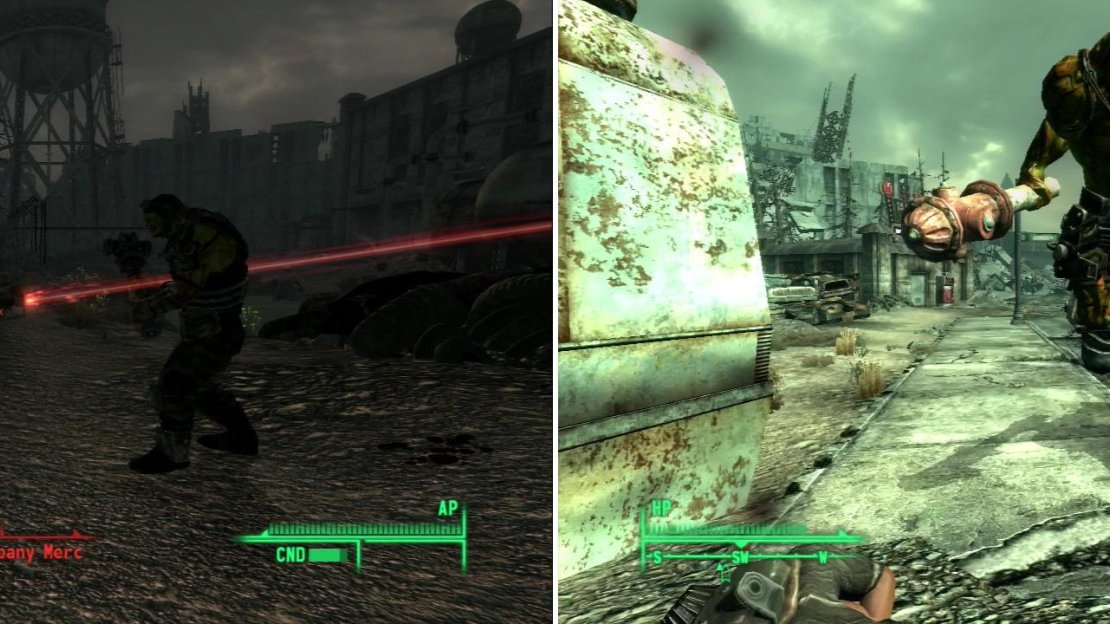 Talon Company Mercs and Super Mutants clash outside of the factory in Takoma Industrial (left). To the west you’ll find larger prey… (right).