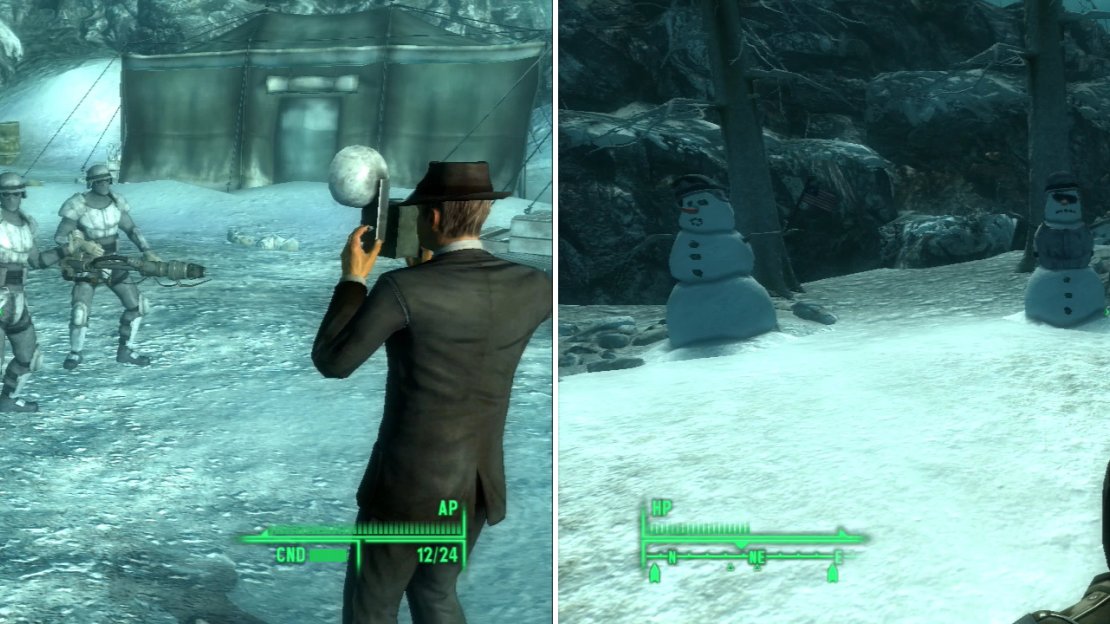 Both armies show their frivilous sides from time to time. Soldiers pose for a photo that will inspire the famous Anchorage Memorial statue (left), while the Chinese decorate snowmen for target practice (right).