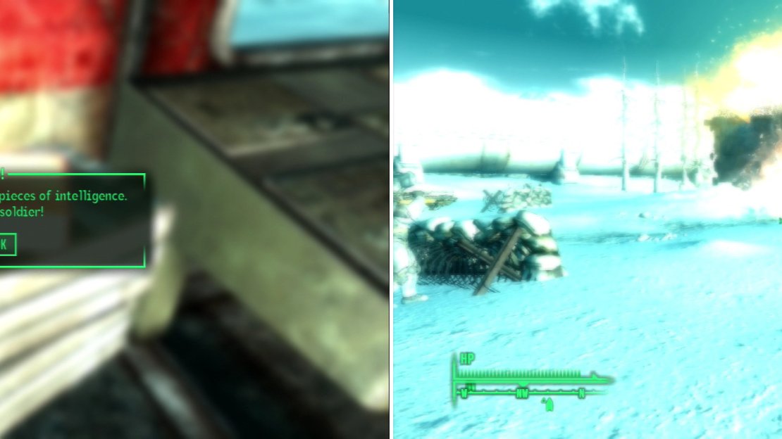 Collect the 10th and final piece of Intel to gain… well, a congratulation (left). Once the pulse field has been disabled, the T-51b unit will destroy the last defenses (right).