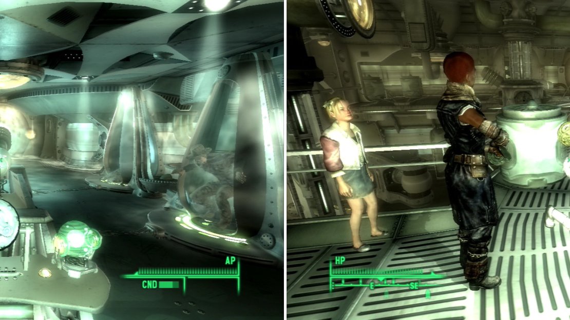 Release some fellow humans from cyrogenic sleep (left) to gain some allies in the fight for freedom. As you explore various places, your new pals will get themselves into all kinds of trouble, and generally make a mess of the place (right).