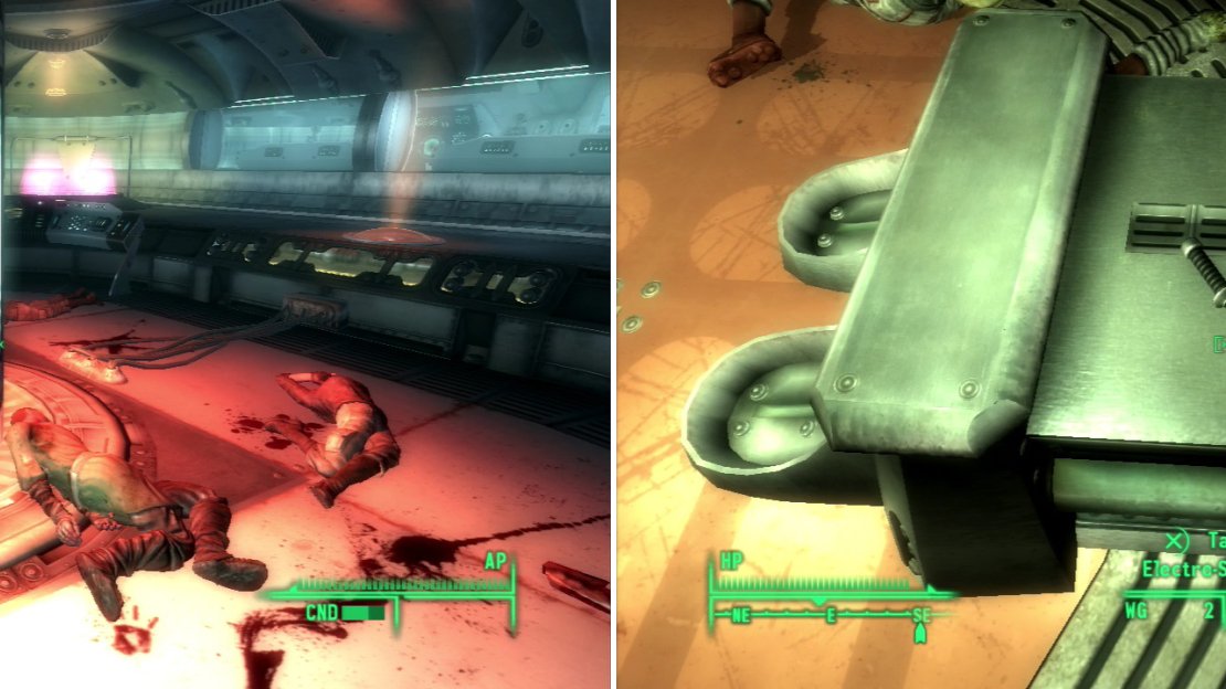 I don’t know what happened here, and I don’t want to know (left). The Electro-Suppressor is a faster alternative to the Shock Baton (right).