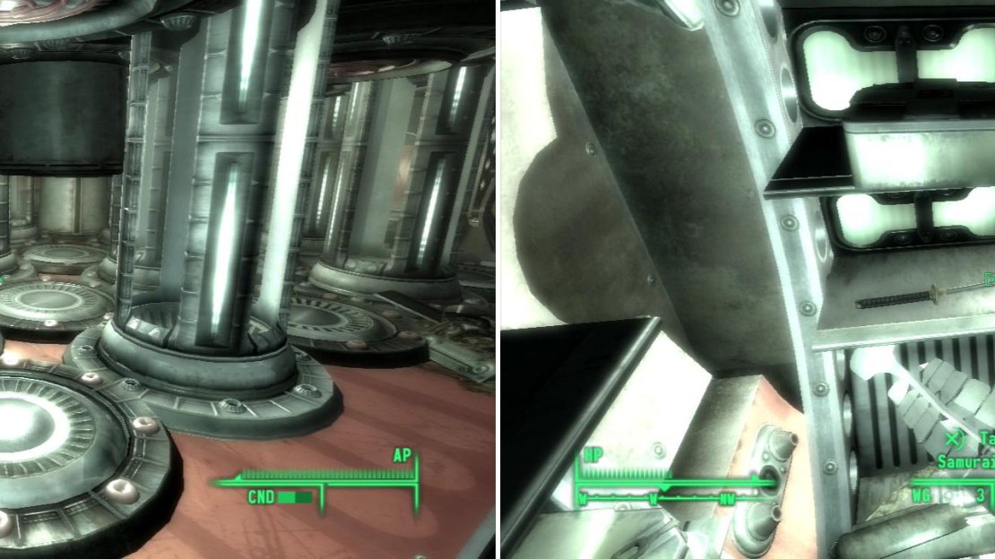 Watch out for active pistons, as they can deal damage if they smack you (left). Grab the Samurai Sword from the shelf (right), we might know somebody who wants this back…