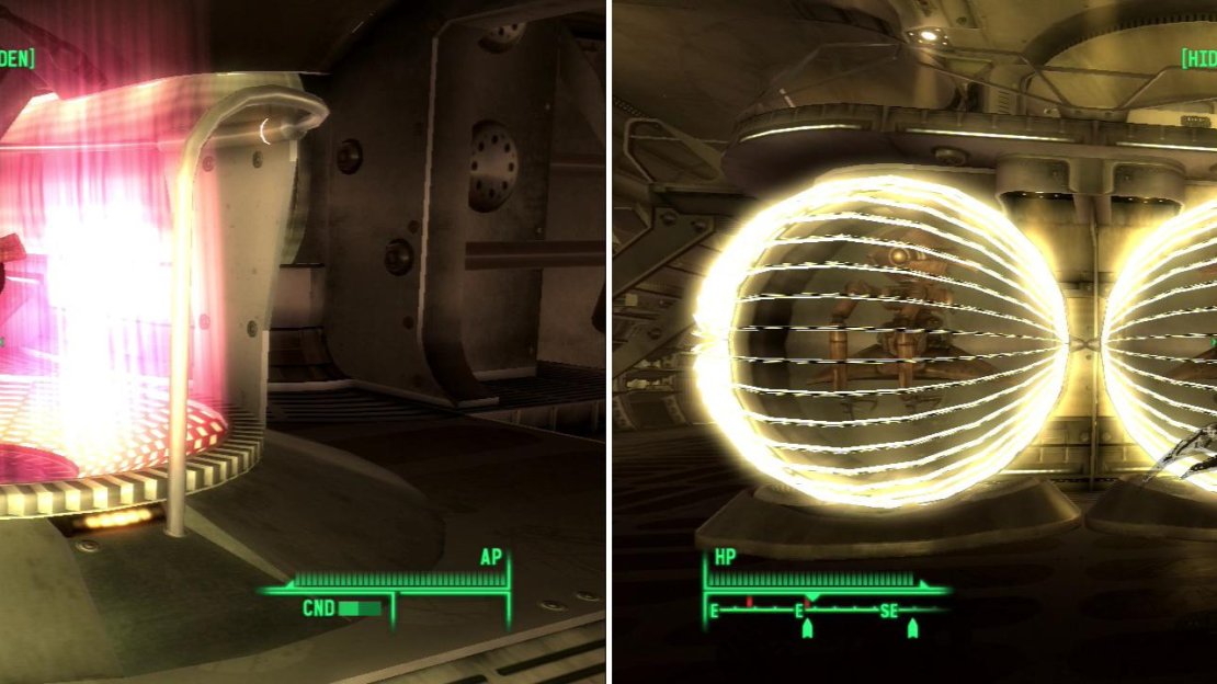 Somah tampers with a deactivated teleporter, and her incompetence strikes again (left). Robots in stasis can be activated with the “Drone Control Device” (right).