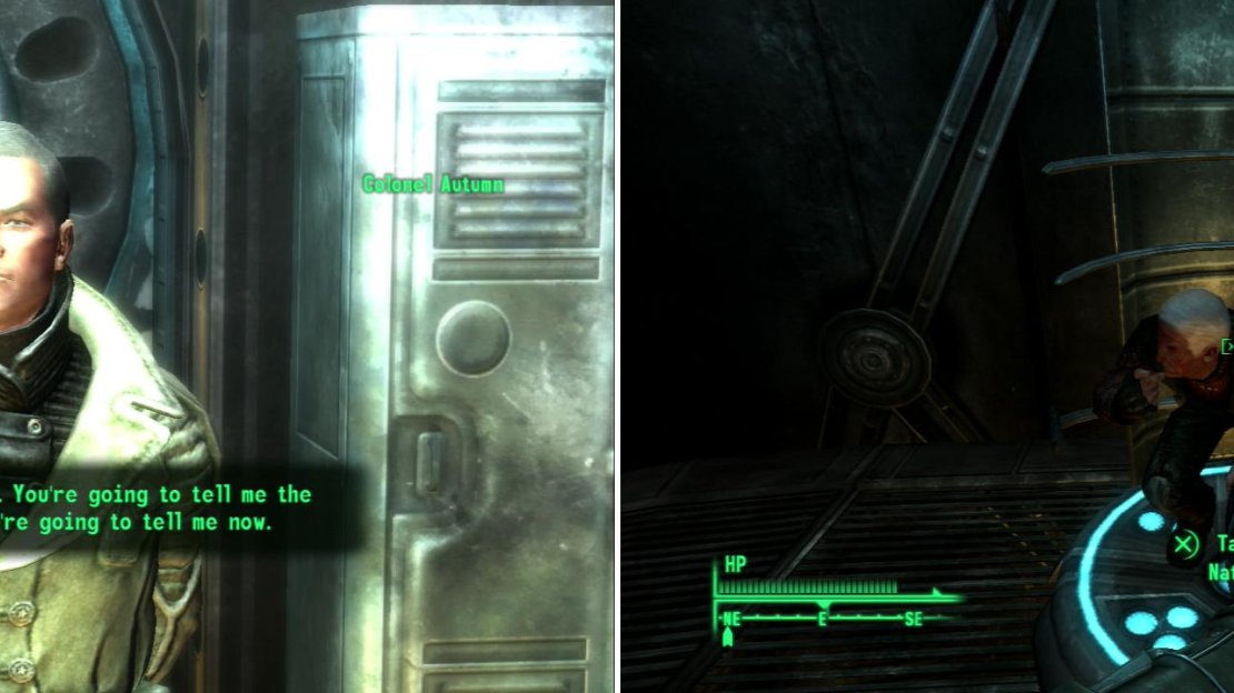 When you come to, you’ll be interrogated by Colonel Autumn (left). Nathan, from Megaton, seems to have a different opinion of the Enclave now that he’s in their custody (right).