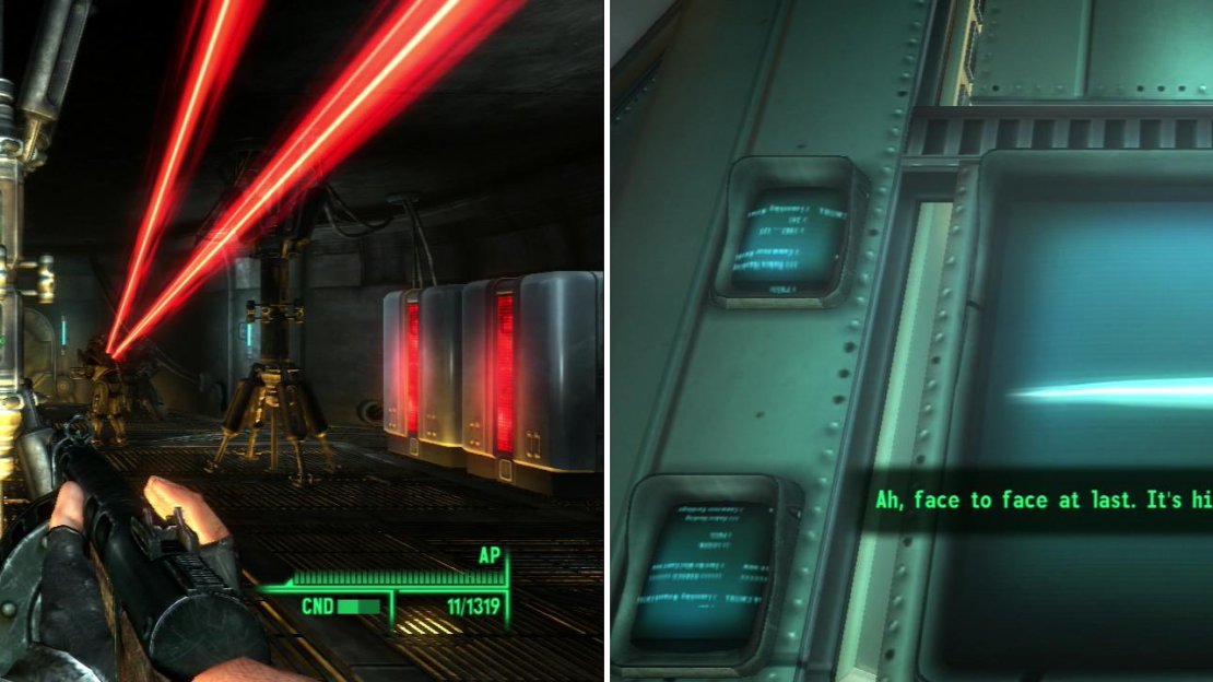 After Colonel Autumn becomes belligerent, President Eden will turn his robots on the Enclave to ensure you make it to him (left). Meeting President Eden face-to… screen? (right)