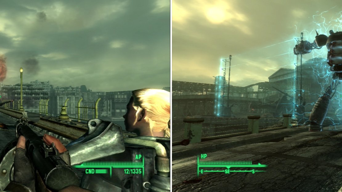 With his eye lasers and mini-nukes, Liberty Prime has no trouble cutting through the Enclave defense (left). Even the energy barriers around Projecct Purity are no match for the Brotherhood’s giant robot (right).