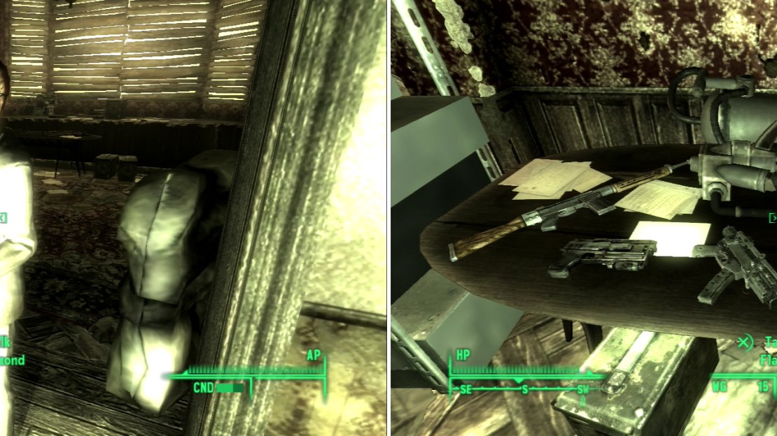 Desmond might not be particularly nice… in fact, he might be one of the rudest characters in the game (left). Be sure to help yourself to his stash of weapons and ammo (right). You will be doing most of the work, after all.