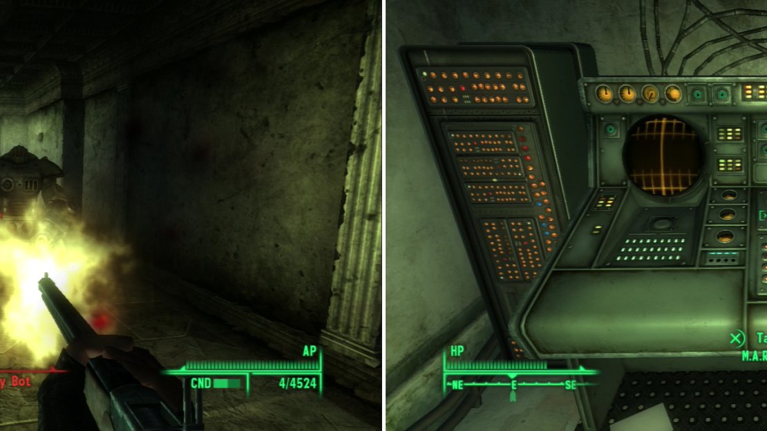 These intact metro tunnels are patrolled by powerful robots and turrets… (left) probably a large reason why they’re still intact. M.A.R.Go.T., the computer in charge of these tunnels (right), will tell you about a breach that must be cleared before normal operations can be restored.