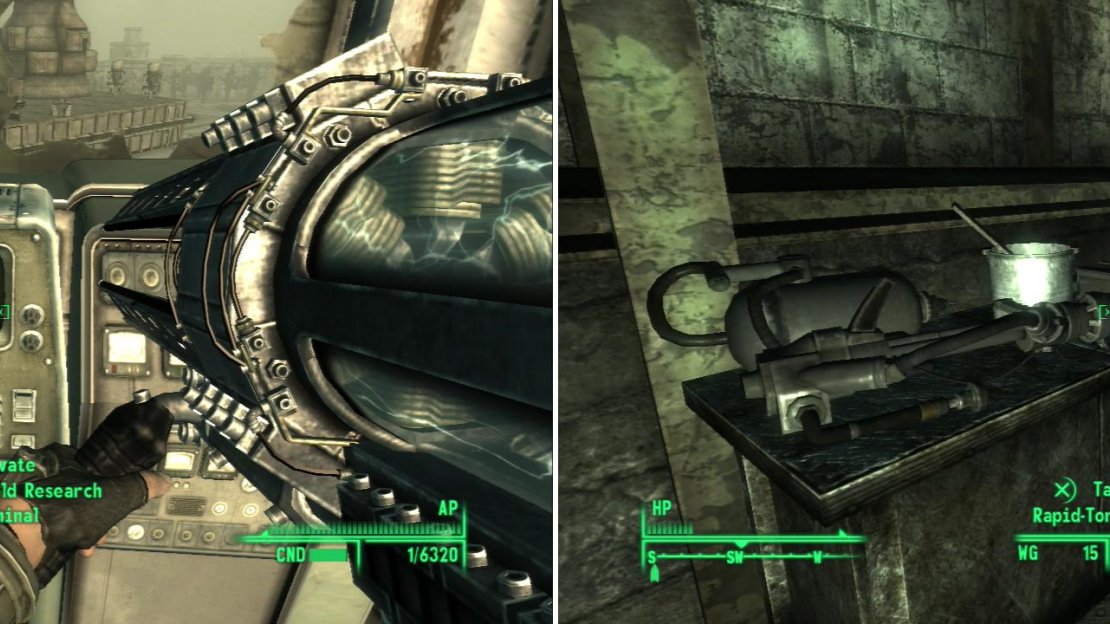 Ascend to the top of the Adams Air Traffic Control Tower to open the way to the Mobile Base Crawler (left). Be sure to hit a storage facility in order to score the Rapid-Torch Flamer (right).