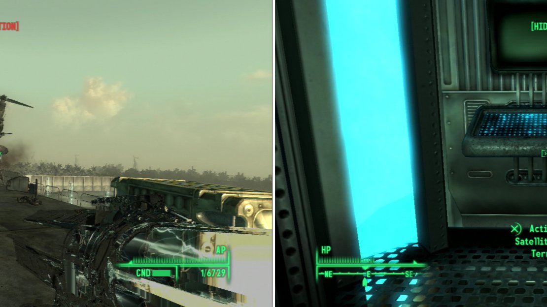 Vertibirds will drop Enclave reinforcements on the roof in a last-ditch effort to stop you (left). Access the Satellite Uplink Terminal and choose your target… (right)