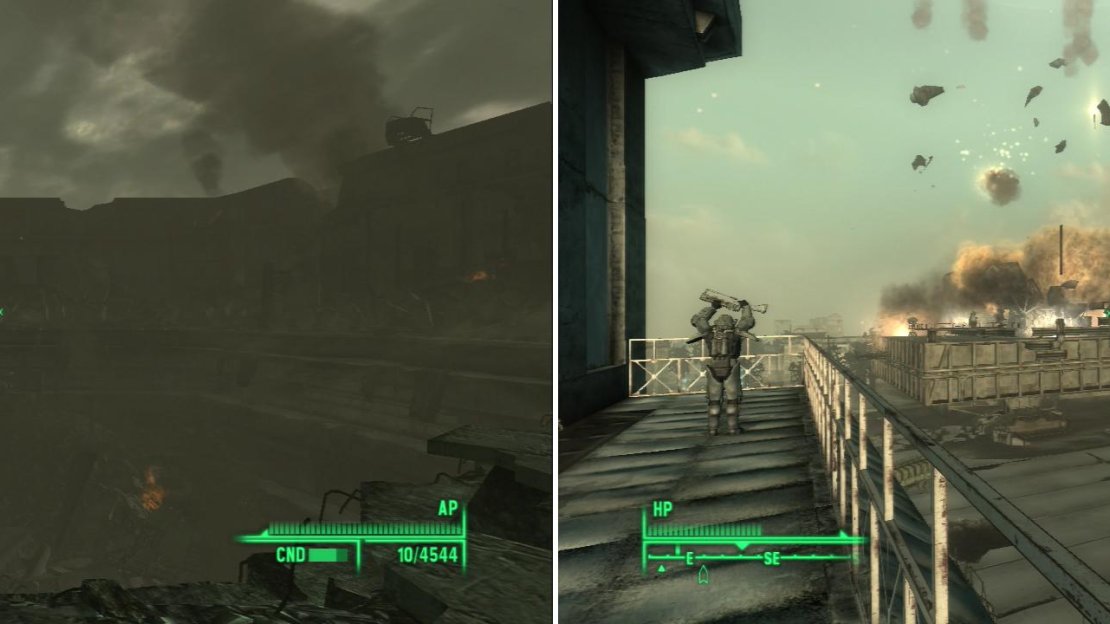 Loot the ruins of the Citadel after demolishing it (left) or witness the destruction of the Enclave’s Mobile Platform (right).