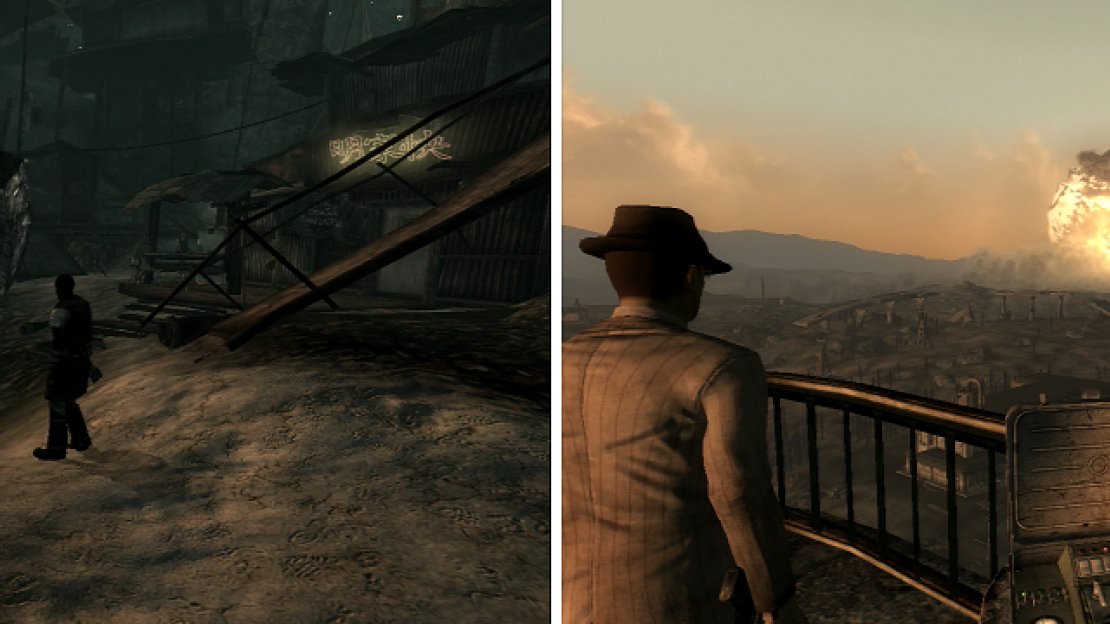 The undetonated bomb in the middle of Megaton (left) is a major liability which can either be defused by a friendly Vault Dweller, or taken advantage of by more destructive individuals (right).