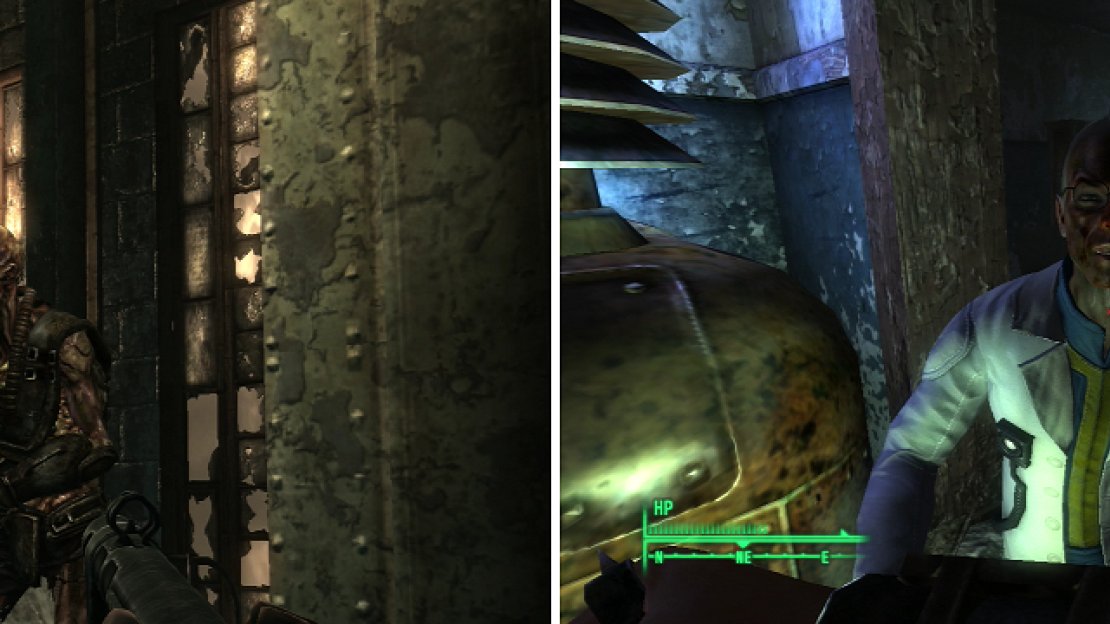 Feral Ghoul Reavers (left) are some of the most powerful creatures prowling the Wasteland. Many times something is amiss in Fallout 3, a person in a lab coat will be the cause (right).