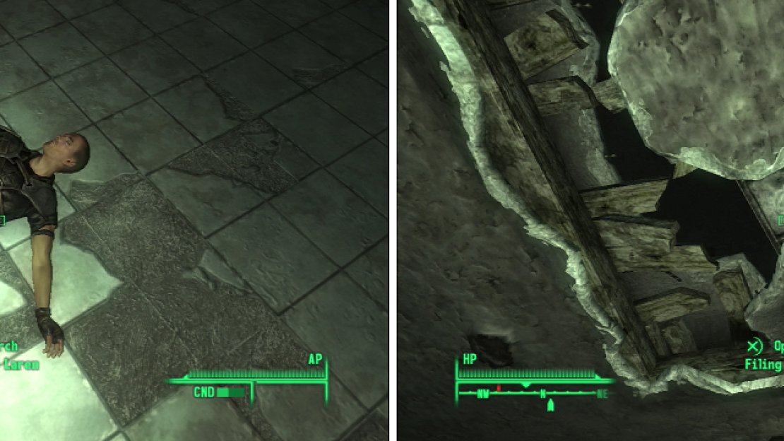 Even if he survives the journey, Ronald Laren won’t make it out of the Nuka-Cola Plant alive (left). A Chinese Army: Spec. Ops. Training Manual can be found in this filing cabinet (right), peeking through a hole in the ceiling.