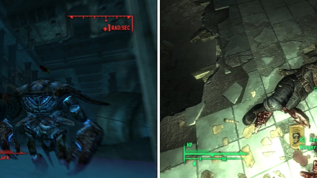 Considering what happens to Mirelurks who nest in Nuka-Cola contaminated waters (left), the stuff probably isn’t safe to drink. Winger Mercier clearly failed in his mission (right).