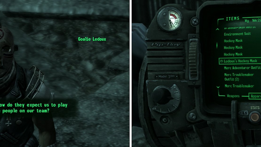 You can strike a lucrative deal with Goalie Ledoux for the Nuka-Cola Clear Formula (left), but be sure to kill him for Ledoux’s Hockey Mask (right) which is an excellent piece of equipment.