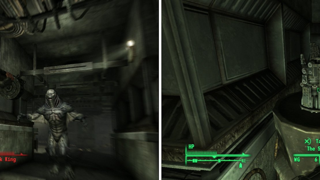 Mirelurks infest the Flooded Metro (left), but if you want to obtain The Shocker (right) you’ll split a few shells.