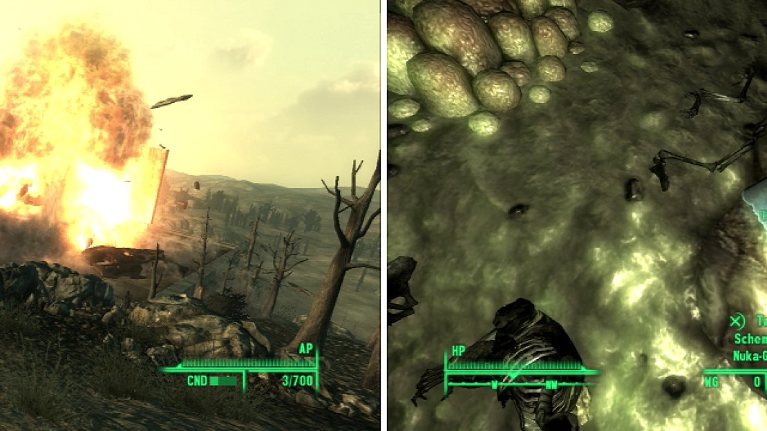 Utilize the volatility of parked cars for your own destructive purposes at the Overlook Drive-in (left). If you brave both Raiders and Yao Guai, you can score this Schematic - Nuka-Grenade (right).
