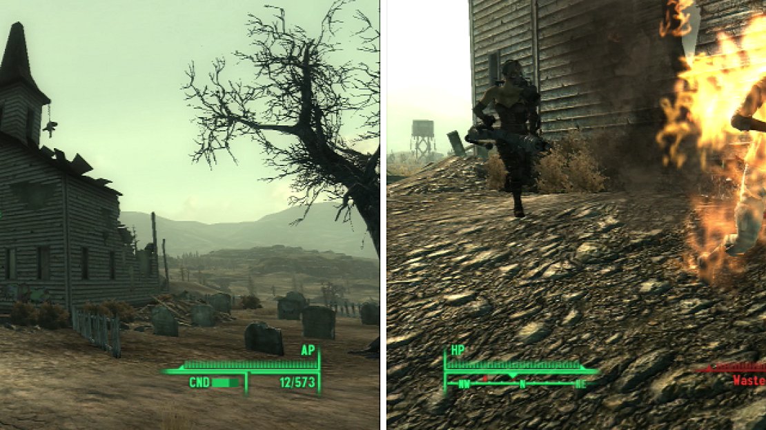 This church looks serene enough from afar (left), but as usual in the Wasteland, looks can be deceiving (right)