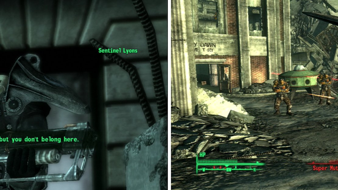 Sentinel Lyons leads the Brotherhood squad in this area (left). There’s no shame in letting the Brotherhood do the fighting against the Super Mutants (right).