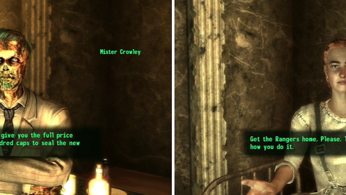 Mister Crowley wants you to secure some keys for him, and he’s willing to pay you to kill for them (left). Reilly is in pretty bad shape, but if her rangers aren’t rescued, they’ll end up even worse off (right).