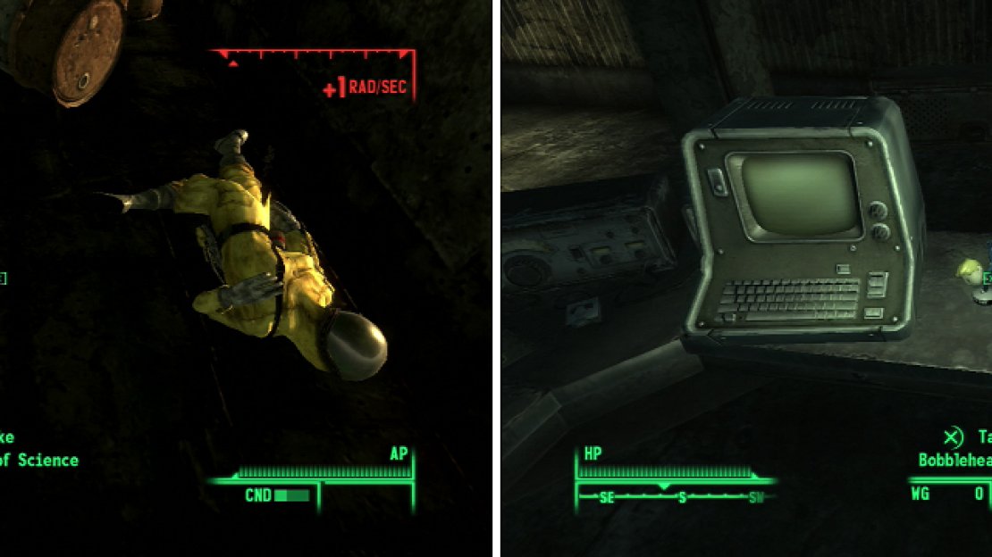 This radiation suit didn’t save its wearer, but catching some Rads is worth it for a Big Book of Science (left). In the Office you’ll find the Bobblehead - Agility (right).