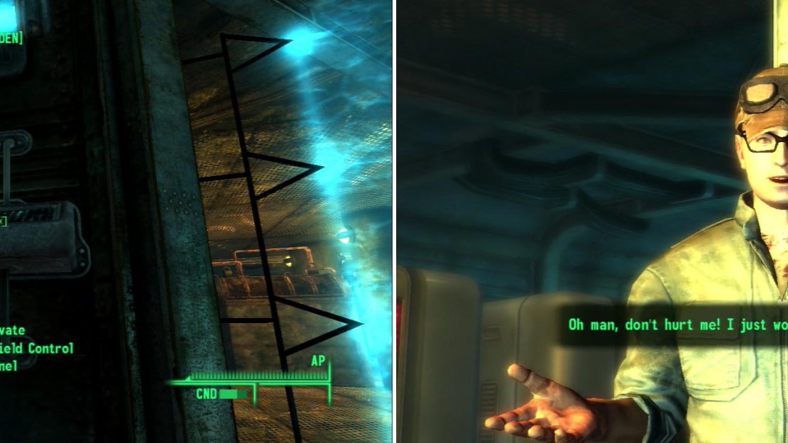 Navigating the Mobile Crawler will be easier if you have a high Science score, thanks to the Repulsion fields scattered about (left). Stiggs works for the Enclave against his will-if you have the Robotics Expert perk, he’ll pass on some useful information (right).