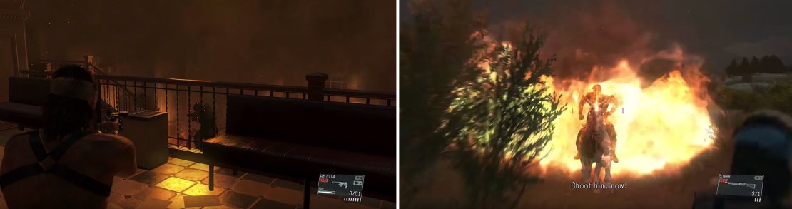 Take out this guard by moving to the left side (left) so the other guards move to check on him. During the chase, do not let the Man on Fire get too close (right) or you&rsquo;ll die.