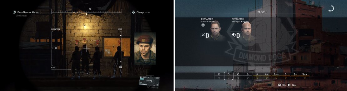 If you catch the Commander with your binoculars and I.D. his face (left) you can confirm he&rsquo;s the target. Extracting him has benefits since he is usually an elite soldier for Mother Base (right).