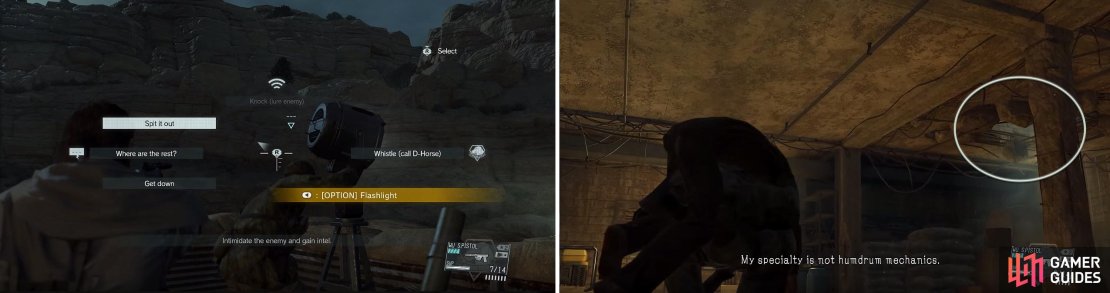 Interrogating enemies (left) is crucial to completing missions in an easy manner. Once you’ve found the engineer, extract him through the hole in the roof (right).